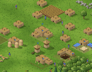 Age of Empires style RTS: a mud-brick village with wheat fields, granaries, watchtowers and villagers on green grass