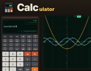 Calculator: the Calculator logo above a retro black-plastic scientific calculator with a green display and an orange equals key, beside a graph of sine, cosine and parabola curves