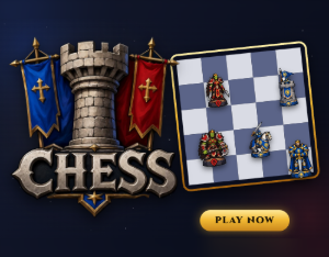 Chess: the new CHESS logo, a stone rook tower between blue and red banners, next to a tilted board with fantasy chess pieces