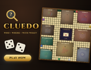 Cluedo-style mystery board game with a magnifying glass, dice and a mansion board