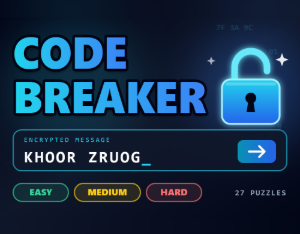 Code Breaker cipher puzzle game with an encrypted message and difficulty levels
