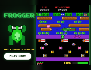 Frogger-style arcade game screen with a frog, traffic, river logs and turtles