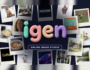 igen online image studio: the pastel igen logo over a scatter of instant-photo prints of animals, food, places and logos made with it