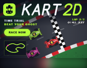 Kart2D top-down kart racing: a lime green kart with a helmeted driver leads a red kart with glowing brake lights and a magenta kart round a curved track past the checkered line