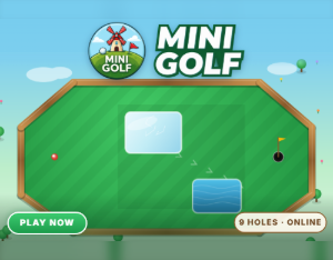 Mini Golf: the new badge logo with a windmill and flag, above the Hillside hole with an ice patch and a pond