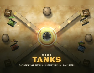 Minitanks: four army-coloured tanks in a sandy arena with crossed walls and a shell explosion in the middle, under the MINI TANKS title