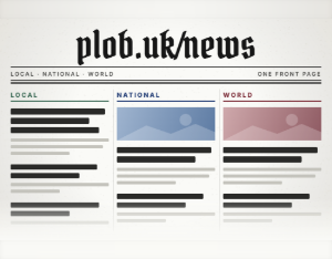 News: a newspaper front page with a blackletter plob.uk/news nameplate above Local, National and World headline columns