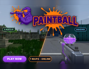 Paintball: the purple-and-orange paintballer aiming at the PAINTBALL splat logo, over a split first-person view of the Castle and Docks maps with a marker and a hopper of purple paintballs