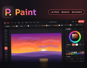 Paint online image editor: the colourful Paint logo above the editor window with a sunset painting, tool bar, colour wheel and layers panel
