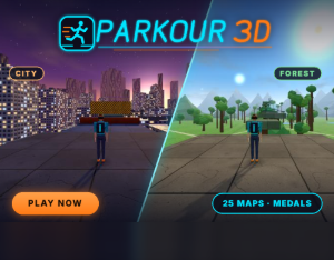 Parkour 3D: a runner in a teal jacket on a rooftop above a dusk city on the left and on a stone platform among low-poly trees on the right, under the PARKOUR 3D logo