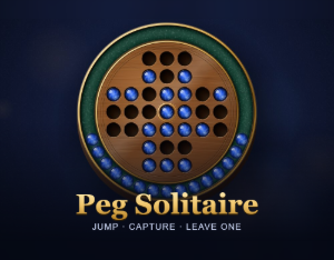 Peg Solitaire: a round wooden board with blue glass marbles on the cross-shaped English layout, captured marbles lined up in the green felt groove, under the Peg Solitaire title