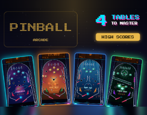 Pinball game showing four arcade tables: Starblazer, Wild West, Deep Sea and Cyber Cage
