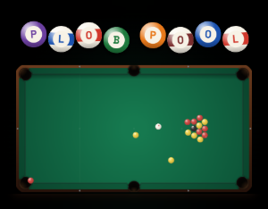 PLOB POOL online pool game: the name spelled out on eight pool balls above a light-green pool table mid-break, with a red ball dropping into a corner pocket, two yellow balls rolling and the white cue ball rebounding