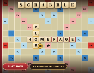 Scrabble style word game: wooden letter tiles spelling SCRABBLE above a board where PLOB runs down and crosses HOMEPAGE across on the shared O, for 10 points