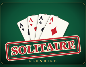 Solitaire (Klondike): four aces fanned on green felt behind a red SOLITAIRE stamp