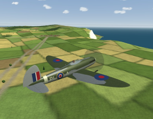 Spitfire flight sim: a green Spitfire Mk IX banking over patchwork fields towards white chalk cliffs and the sea