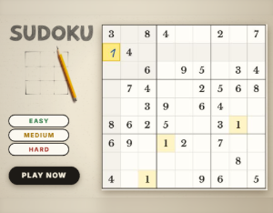 Sudoku: the pencil-drawn SUDOKU logo with a pencil on a hand-drawn grid, beside a puzzle board on cream paper with a hint and highlighted matching numbers, above easy, medium and hard buttons